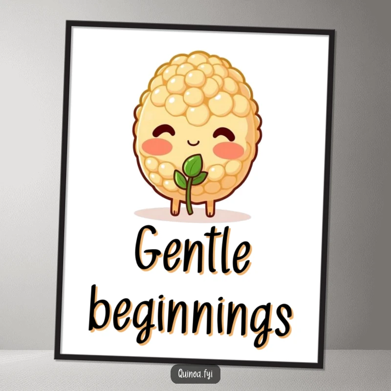 Funny poster of a blushing quinoa character shyly offering a tiny sprout, symbolizing new growth and tenderness.