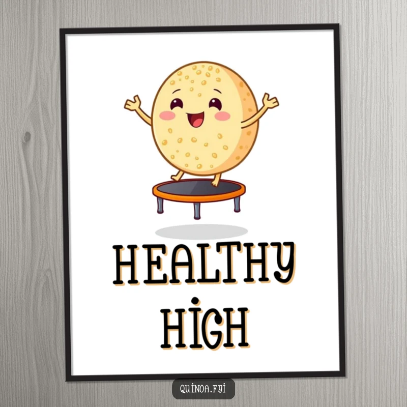 Funny smiling, round grain of quinoa bouncing excitedly on a tiny trampoline, humorous art print, perfect for kitchen or gym decor.