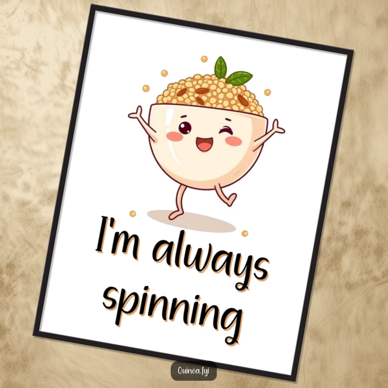 Funny poster featuring an anthropomorphic quinoa bowl with legs joyfully performing cartwheels, bringing vibrant energy and healthy humor to wall decor.