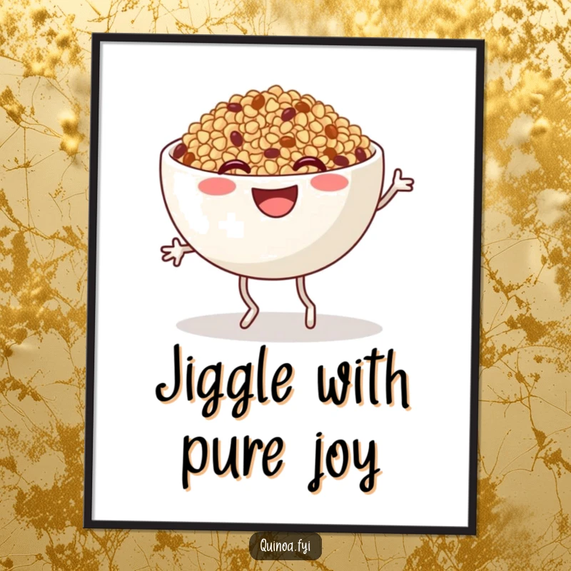 Funny Quinoa Poster: A smiling anthropomorphic quinoa bowl with legs enthusiastically jigging, creating a vibrant and humorous piece of art.