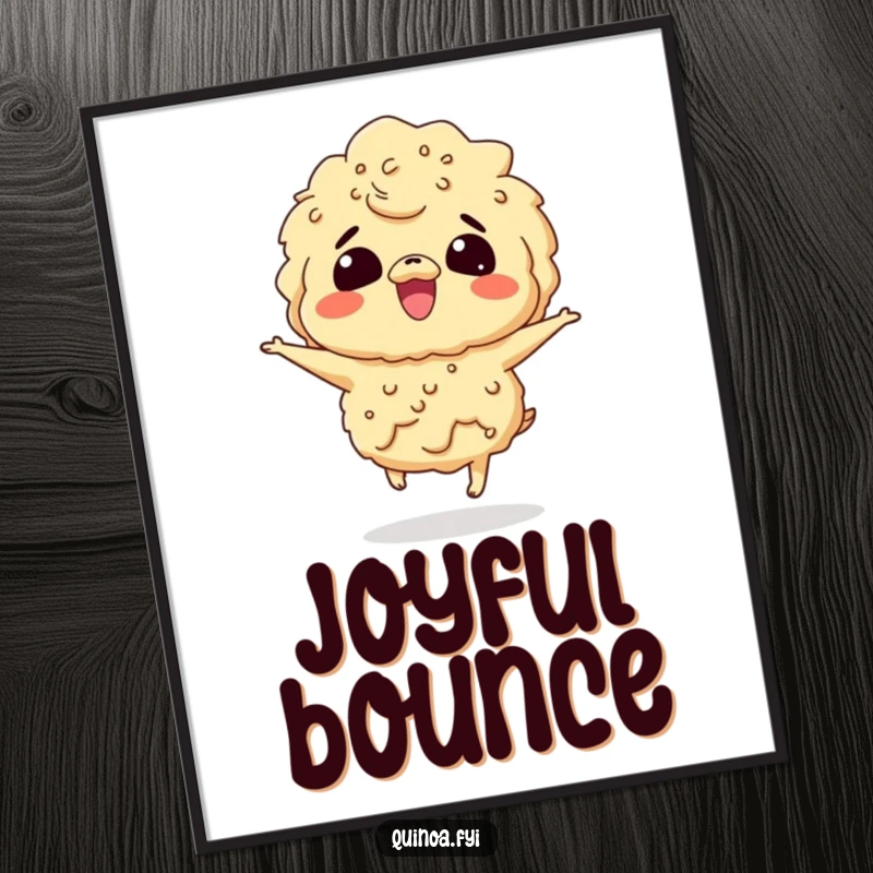 Funny poster of a gleeful quinoa character bouncing with unbridled excitement, a cheerful wall decoration.