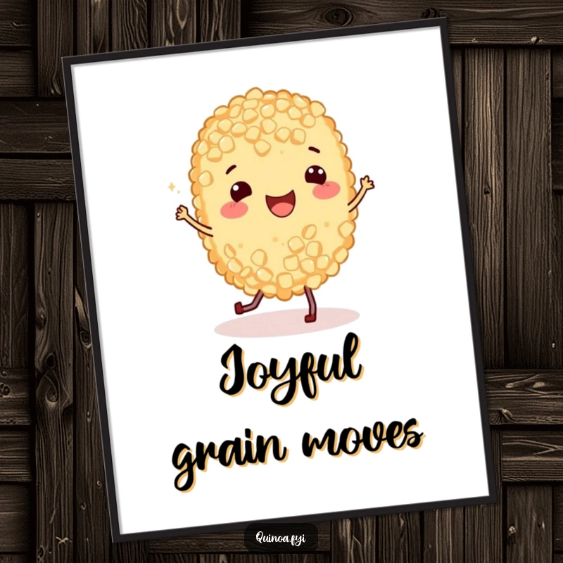 Funny Poster showcasing a happy quinoa grain with legs performing a delightful jig, bringing humorous energy and vibrant color to any wall.