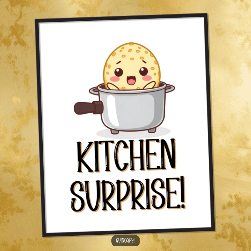 Funny poster art of a shocked quinoa grain popping out of a miniature cooking pot, a moment of surprise.