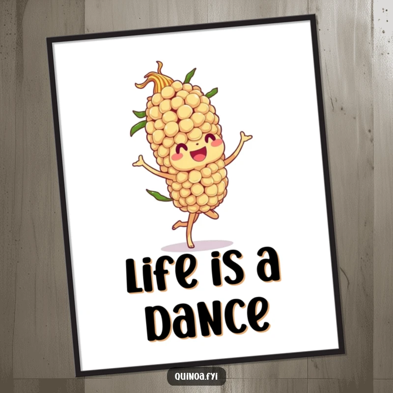Funny poster of a jovial quinoa stalk character doing a flamboyant twirl, bringing a sense of dynamic joy to your decor.