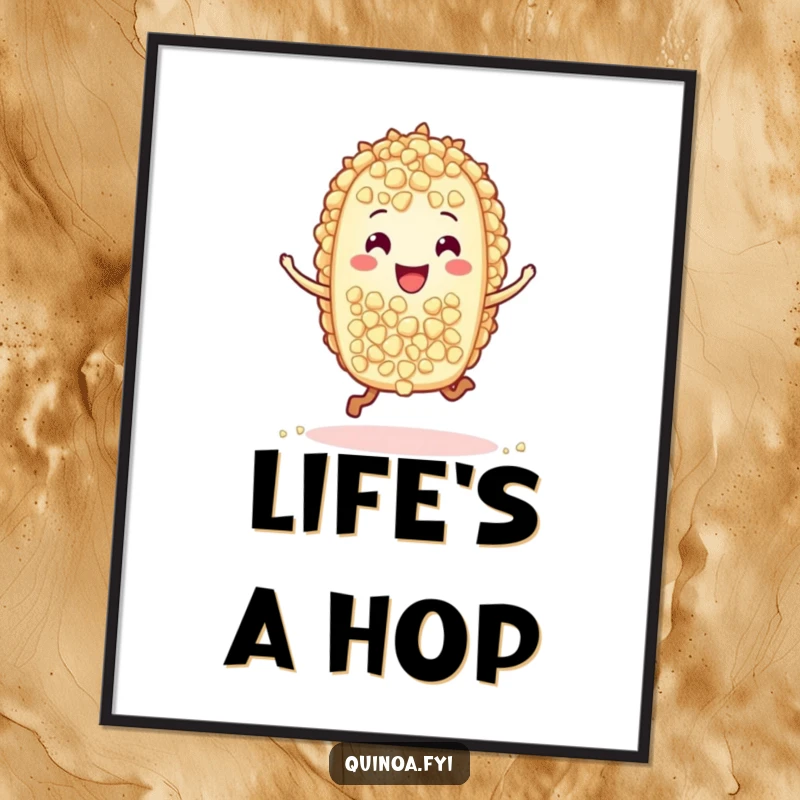 Funny poster print of a cute, energetic quinoa grain character doing a joyful hop, adding a touch of quirky humor to wall decor.