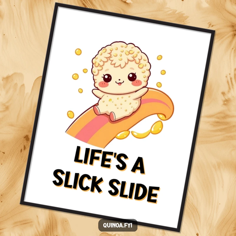 Funny quinoa character depicted sliding down a rainbow made of oil on a poster, a visually amusing and colorful piece.