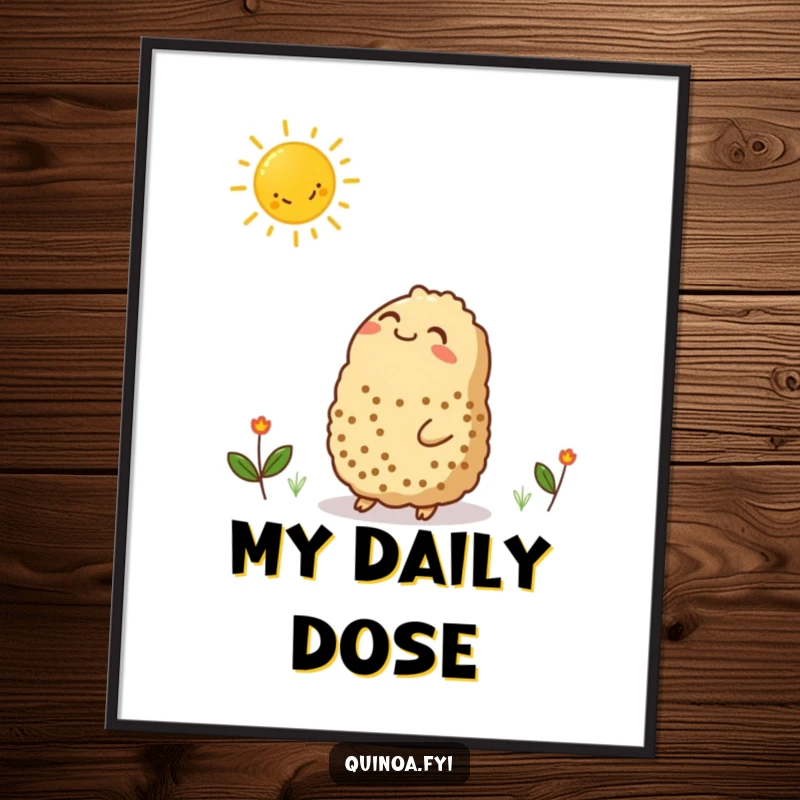 Funny poster of a contented quinoa character gazing at a smiling sun graphic, bringing a sense of warmth and happiness to any room.