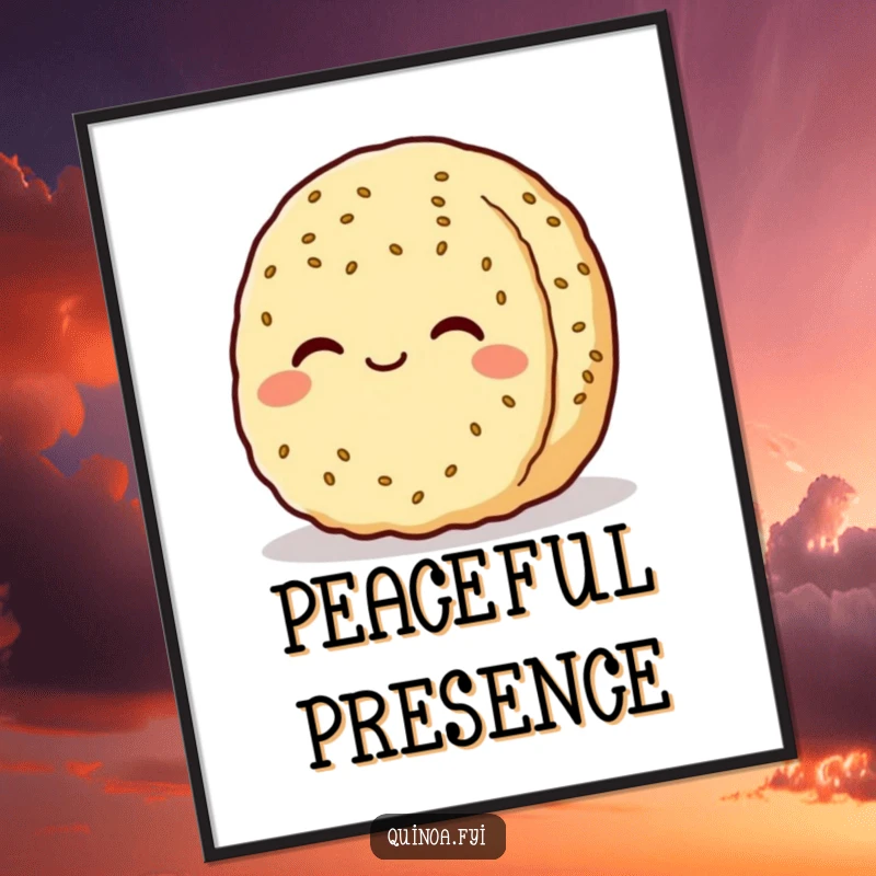 Funny quinoa patty character poster, smiling serenely with a contented expression, ideal for creating a calming and peaceful atmosphere.