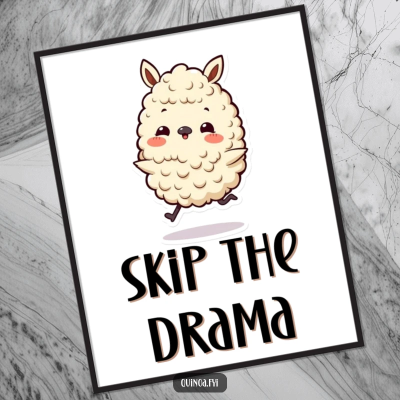 Funny poster of a playful quinoa character on tiny legs doing a happy skip, capturing a moment of pure, unadulterated joy.