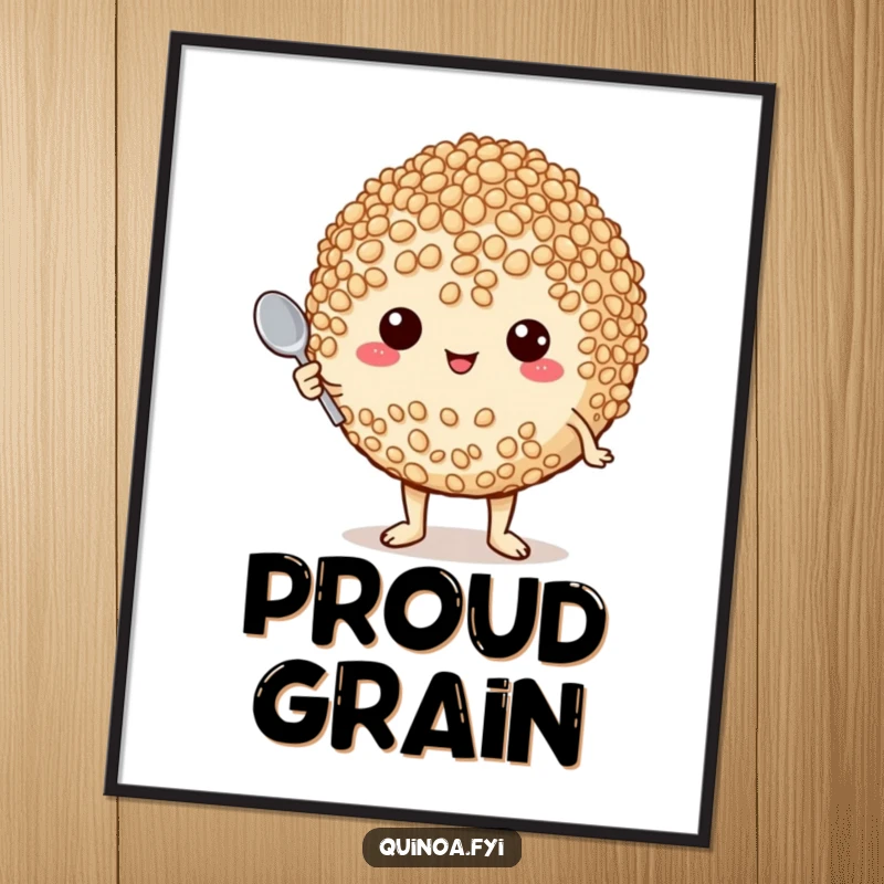 Funny poster of a plump quinoa grain character puffing with pride, holding a tiny spoon, celebrating culinary ambition.