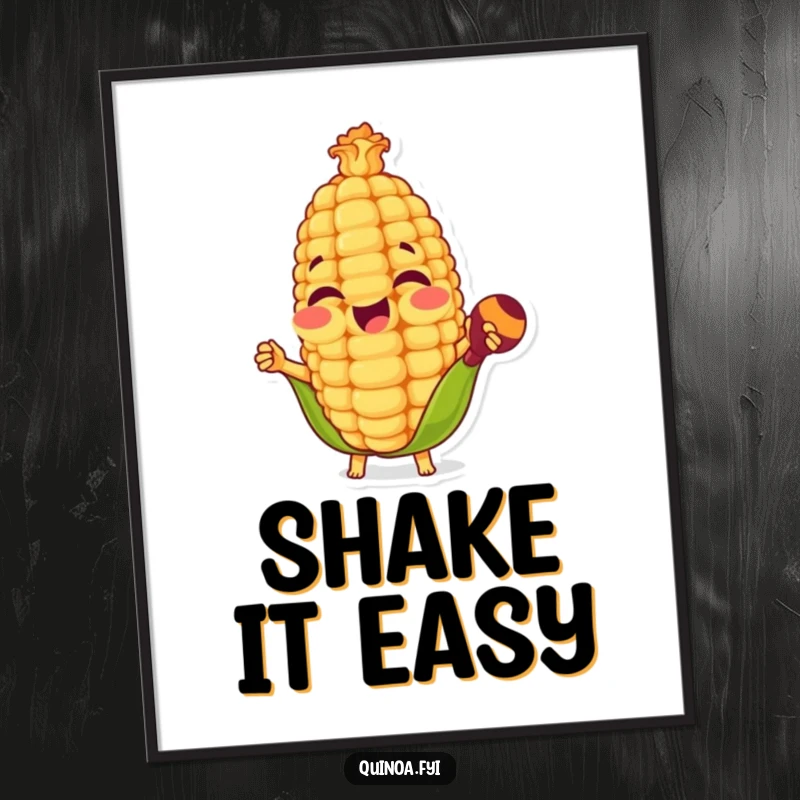 Funny poster featuring a happy anthropomorphic corn kernel joyfully playing maracas, bringing festive energy and humor to wall decor.