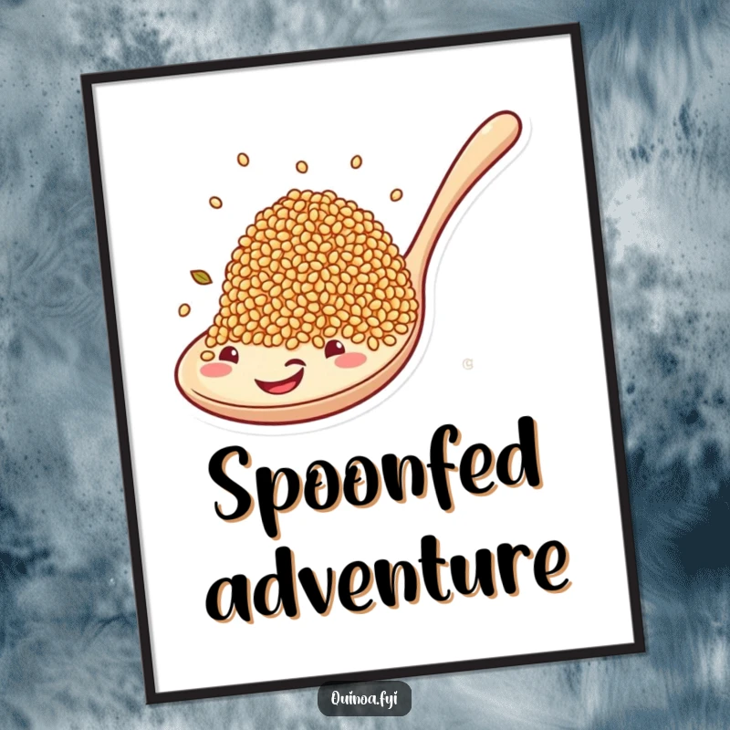Funny poster capturing the whimsical moment of quinoa grains riding a gigantic, cheerful spoon, a humorous food illustration.