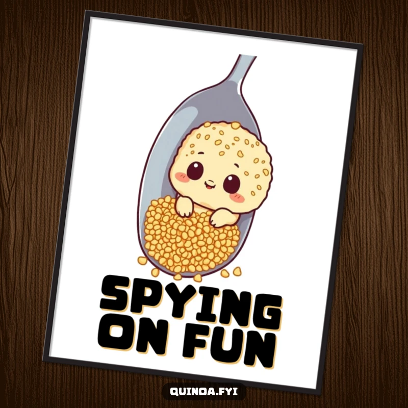 Funny poster of a curious quinoa character peeking around a huge spoon, inviting viewers to look closer.