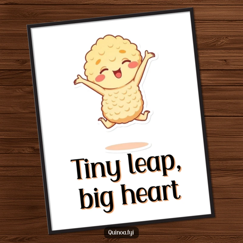 Funny poster featuring a joyful quinoa character in a graceful, tiny leap, adding a splash of color and humor to any room, a perfect funny gift.