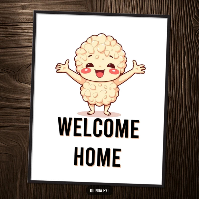 Funny poster of a happy quinoa character with open arms, radiating warmth and a friendly greeting.