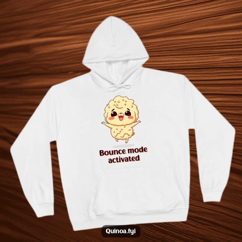 Funny hoodie depicting a delighted quinoa character bouncing energetically, perfect for casual, happy wear.