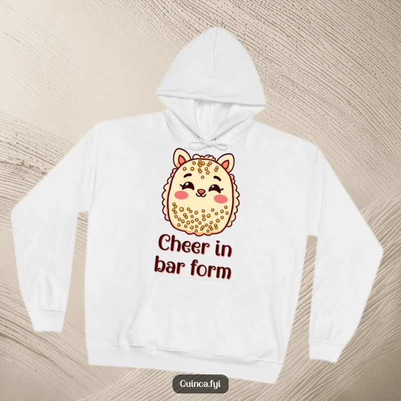 Funny quinoa bar hoodie with a cheerful bar and smiling eyes, playfully winking.