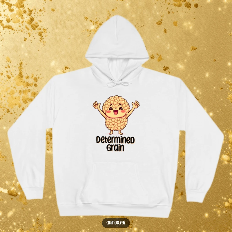 Funny Quinoa Hoodie: Cheerful quinoa cluster with a determined expression and arms raised in victory, designed for warmth and inspiration.