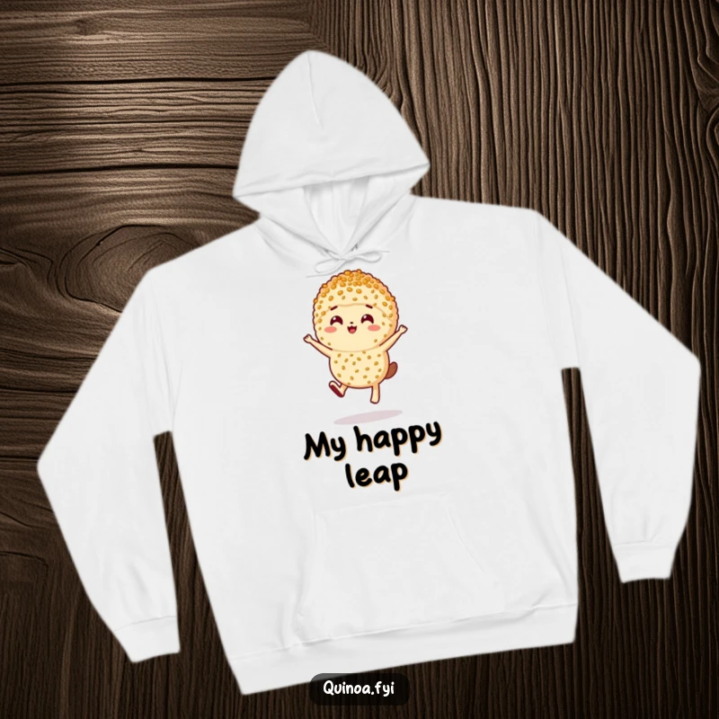 Funny happy anthropomorphic serving of quinoa leaping with joy, a cozy and humorous hoodie.