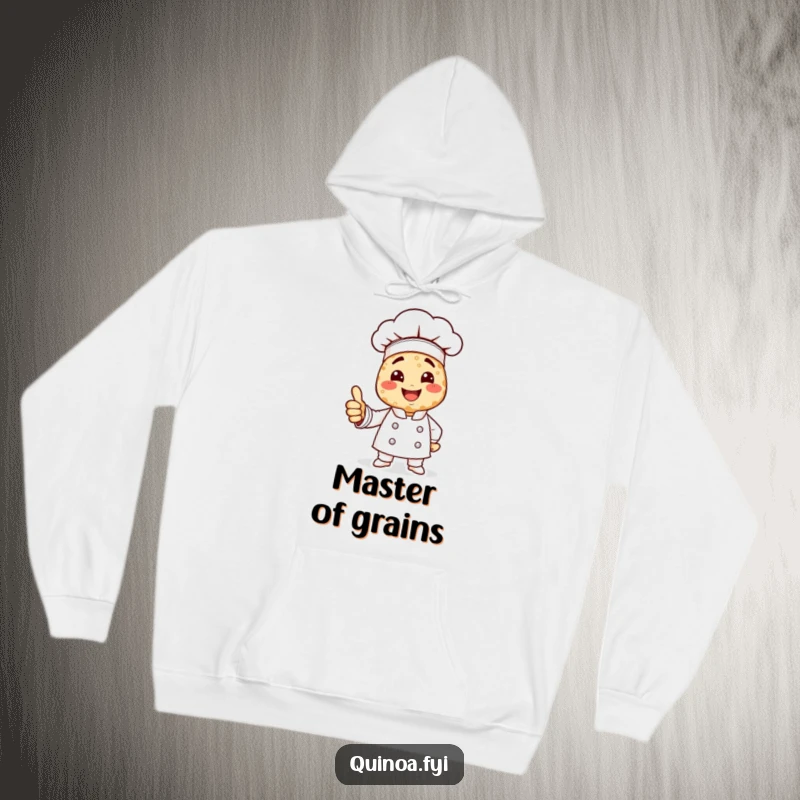 Funny quinoa chef hoodie with a smiling chef character made of quinoa giving a hearty thumbs up.