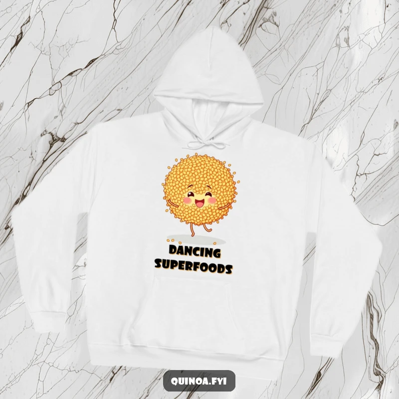Funny and cozy hoodie featuring cheerful quinoa grains doing a happy little dance, perfect for foodies with a sense of humor.
