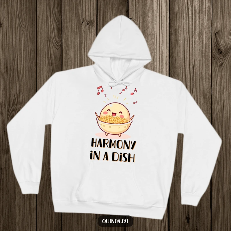 Funny beaming, anthropomorphic quinoa dish with musical notes floating, looking warm and inviting on a cozy hoodie.