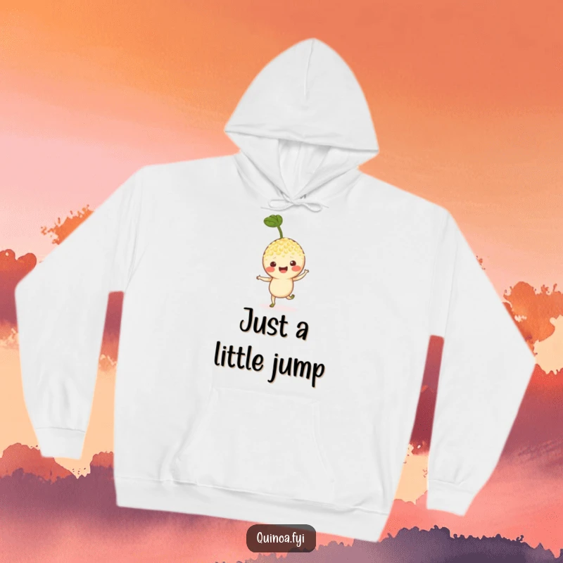 Funny hoodie featuring a cheerful quinoa sprout character performing a lively hop, perfect for cozying up with a smile.