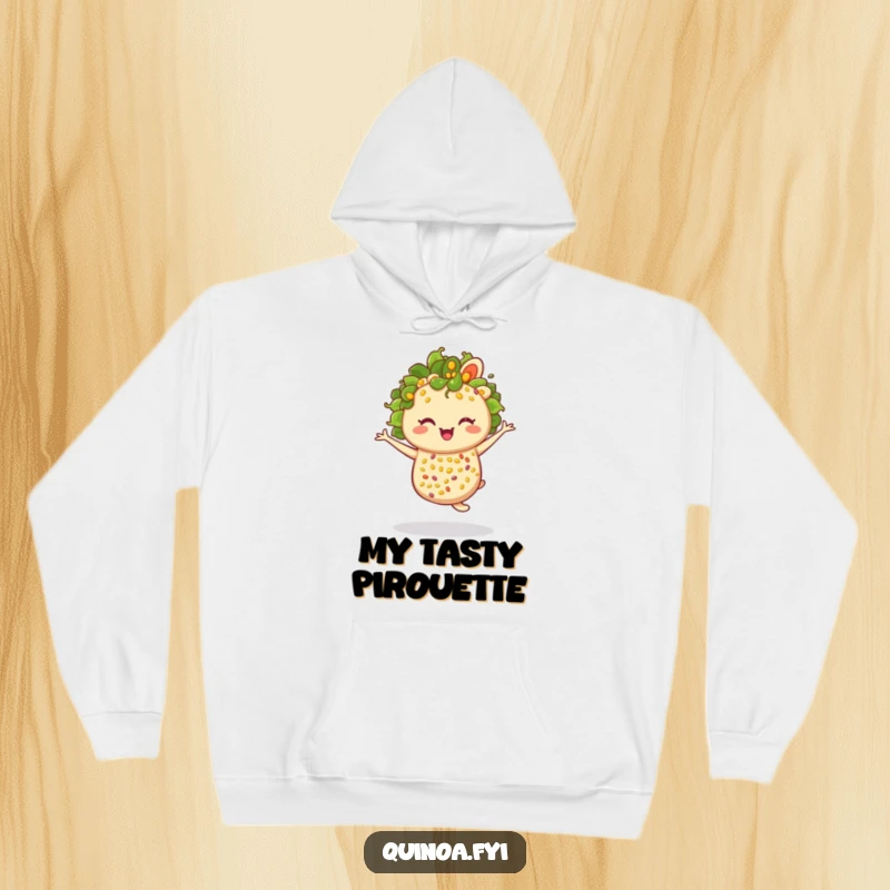 Funny winking anthropomorphic quinoa salad twirling with joy, a cozy and humorous hoodie.
