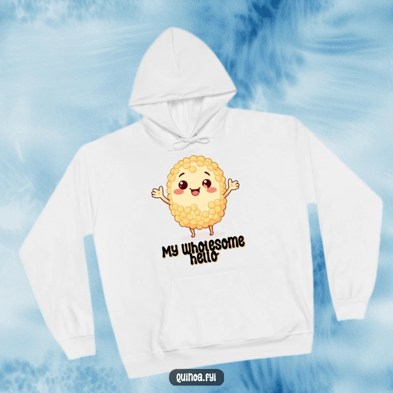 Funny smiling quinoa grain with arms waving warmly, a cozy and humorous hoodie design.
