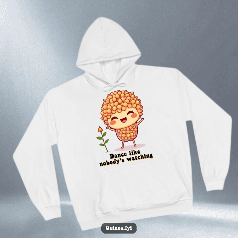 Funny Quinoa Dance Hoodie: A cheerful quinoa character engaged in a goofy dance with a small sprout, perfect for cozying up.