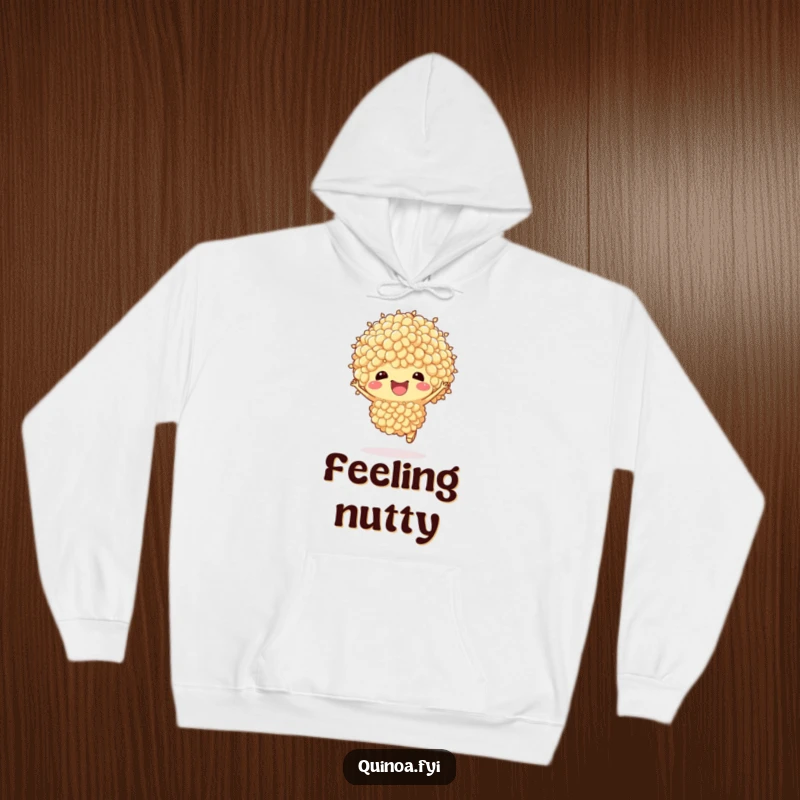 Funny Quinoa Hoodie: An anthropomorphic quinoa cluster hops with glee, showcasing a vibrant, joyful design on a cozy hoodie.