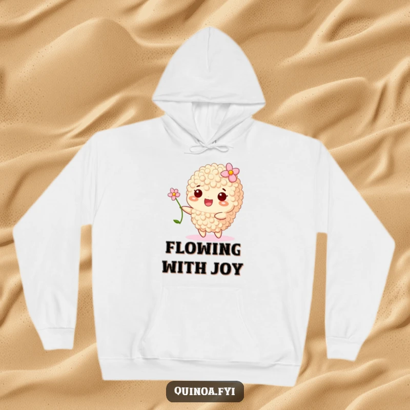 Funny hoodie illustrating a happy quinoa grain wearing a tiny flower, swaying gently with a serene expression.