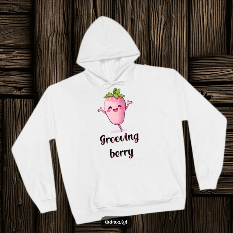 Funny Hoodie: A cheerful anthropomorphic berry with a wide smile spins in a delightful pirouette, radiating pure joy.