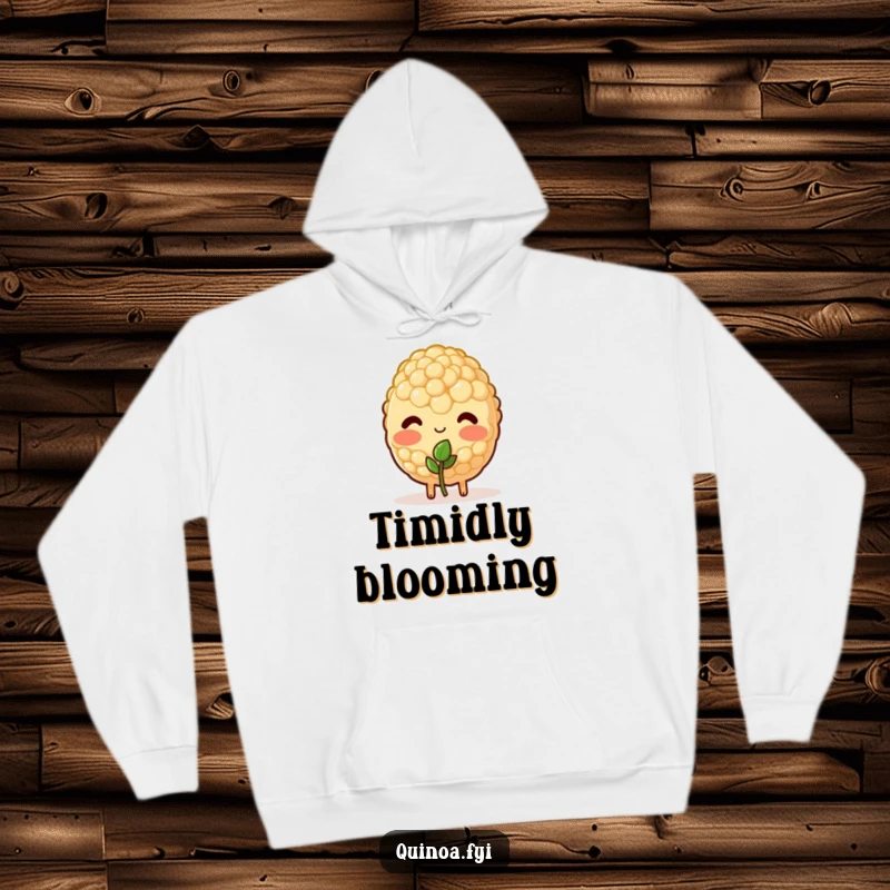 Funny hoodie depicting a blushing quinoa character shyly offering a small sprout, symbolizing growth and tenderness.