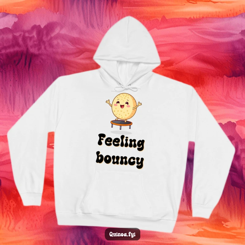 Funny smiling, round grain of quinoa bouncing excitedly on a tiny trampoline, cozy hoodie design, celebrating healthy living with joy.