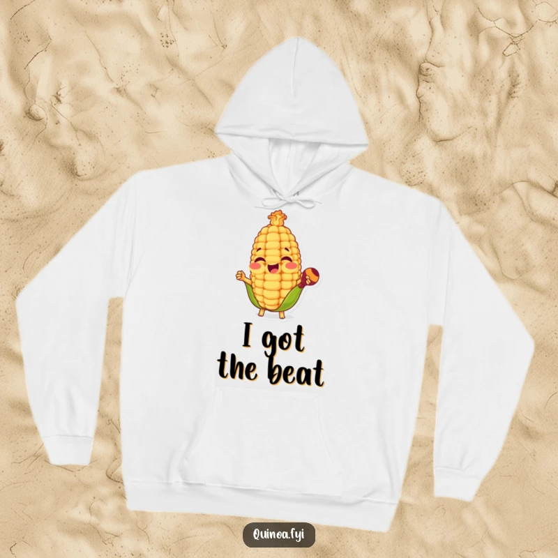 Funny hoodie showcasing a happy anthropomorphic corn kernel playing maracas with joyful abandon, perfect for festive occasions.