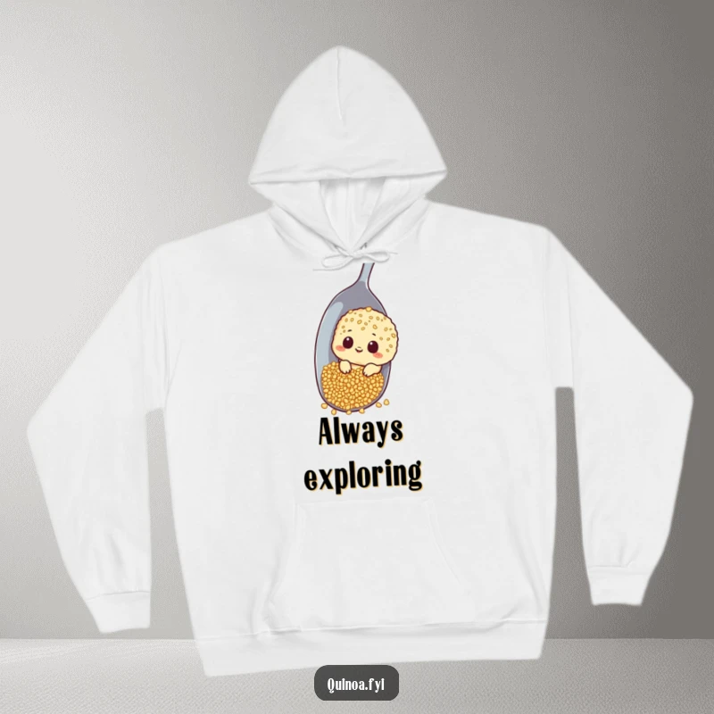 Funny hoodie depicting a curious quinoa character peeking around a large spoon, inviting exploration.