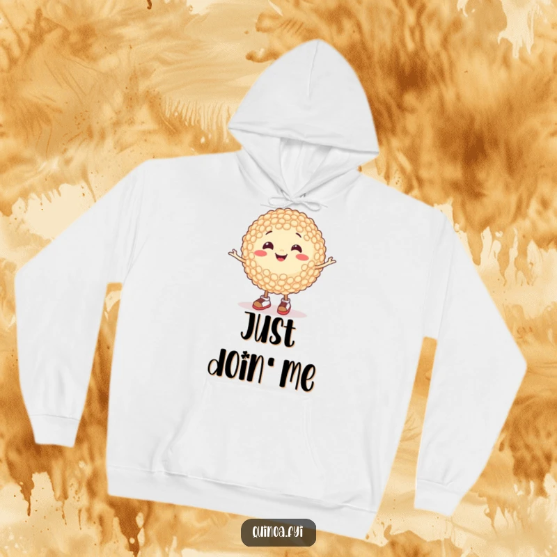 Funny hoodie with a happy quinoa grain wearing tiny shoes and spinning, soft and humorous apparel for cozy moments, a great funny gift.