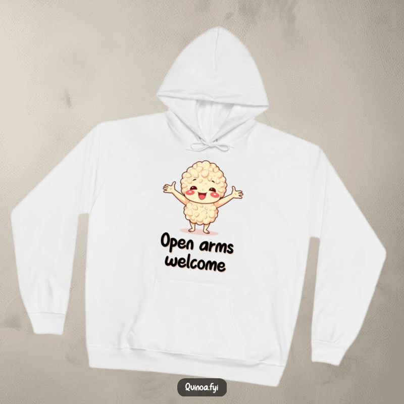 Funny hoodie depicting a happy quinoa character with arms wide open, symbolizing warmth and hospitality.