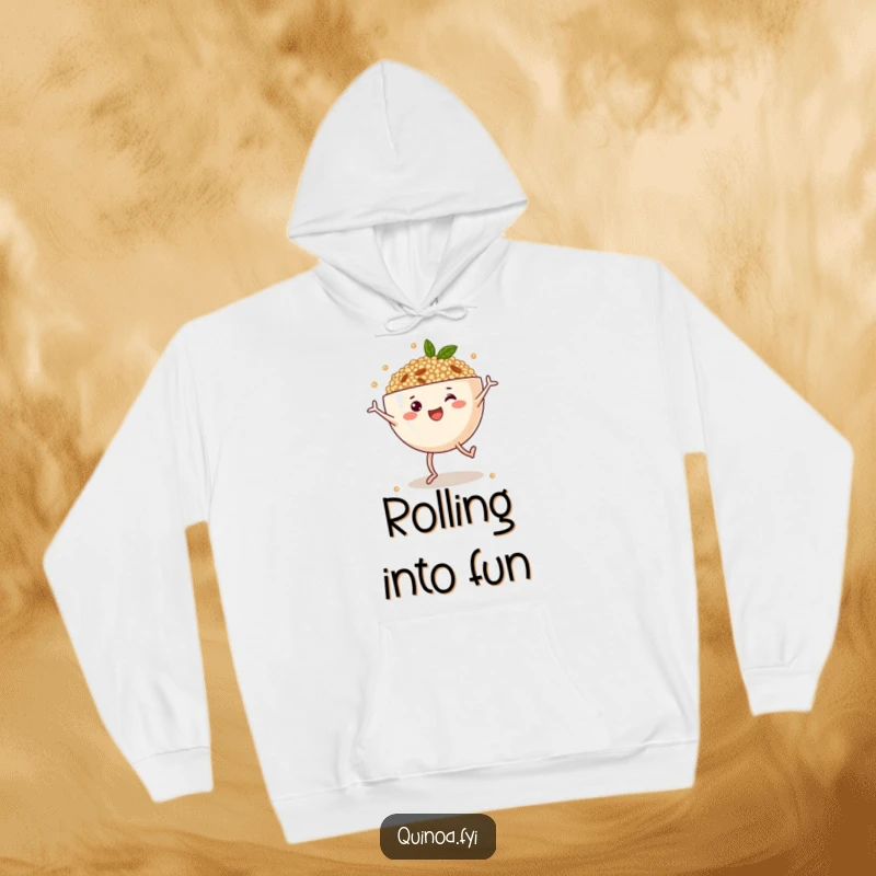 Funny hoodie featuring a happy anthropomorphic quinoa bowl with legs in mid-cartwheel, exuding pure, unadulterated joy and healthy fun.