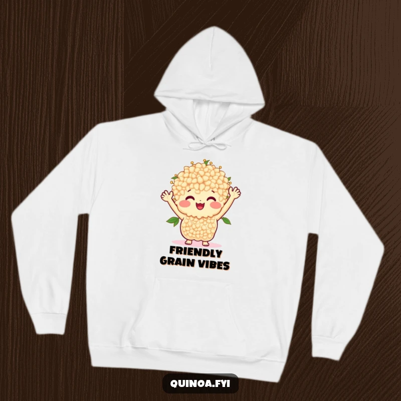 Funny hoodie art of a smiling bunch of quinoa with arms waving happily, bringing cozy cheer.