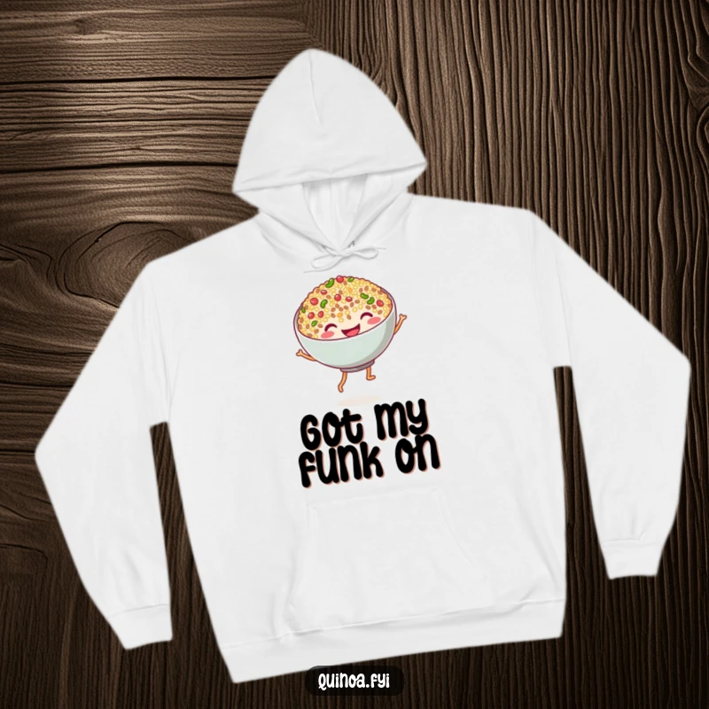Funny quinoa dance hoodie showing a happy bowl of quinoa with noodle legs dancing energetically, perfect for cozying up with a smile.