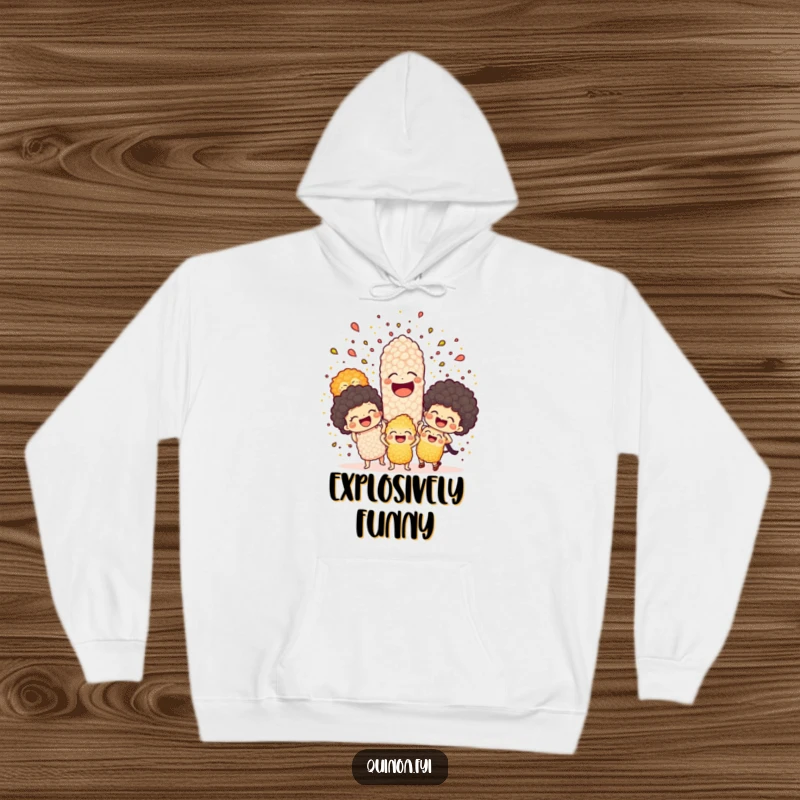 Funny hoodie illustrating a joyful explosion of happy quinoa characters erupting in laughter, offering warmth and humor.