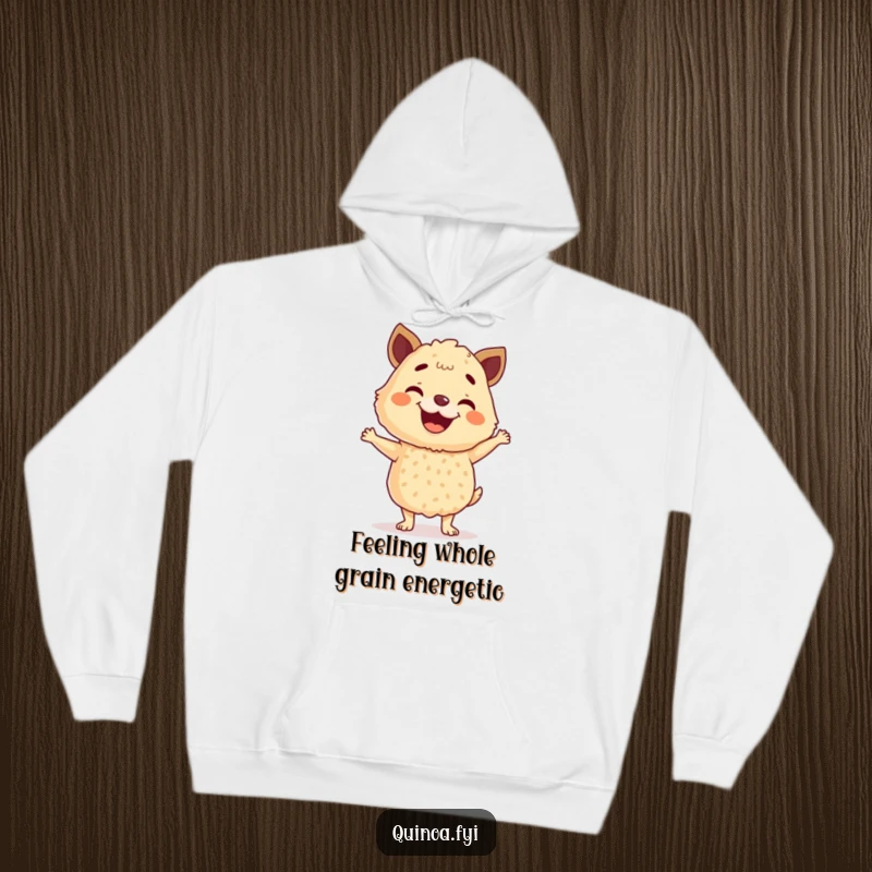 Funny Quinoa Hoodie depicting a smiling anthropomorphic quinoa blend enthusiastically doing a happy dance, radiating pure, unadulterated culinary glee.
