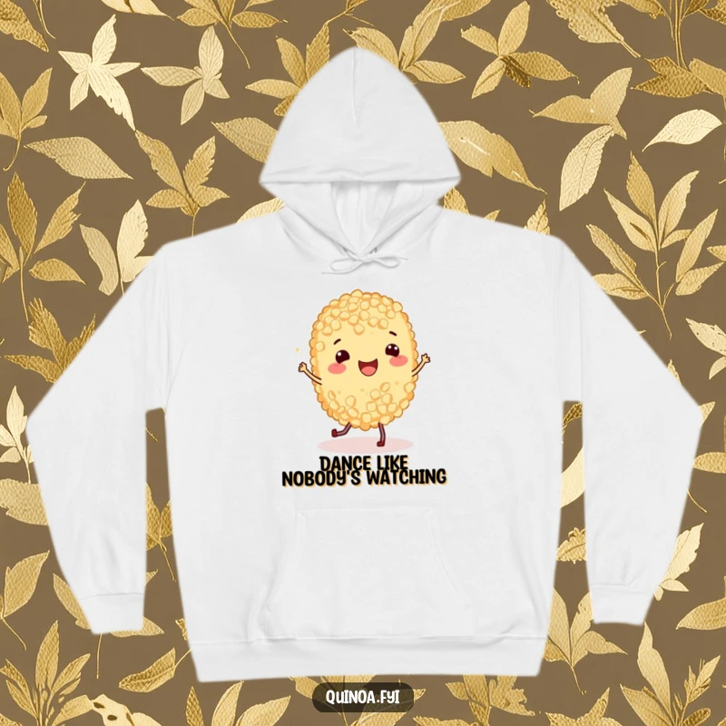 Funny Hoodie depicting a cheerful quinoa grain with legs doing a spirited jig, offering warmth and a delightful, humorous visual.