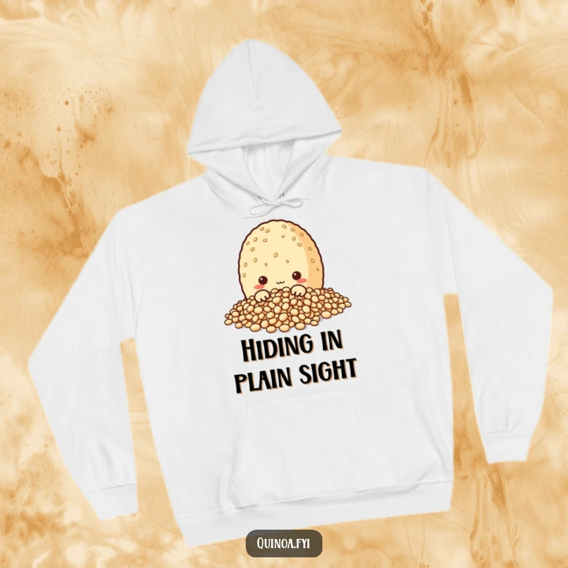 Funny hoodie showcasing a cute quinoa grain character curiously peeking from a pile of grains, perfect for adding a touch of playful mystery.