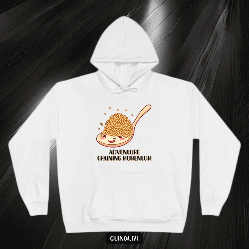 Funny hoodie showing a comical group of quinoa grains embarking on a thrilling ride atop a giant, grinning spoon.
