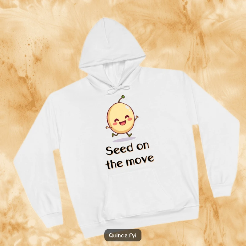 Funny hoodie featuring a smiling anthropomorphic seed doing a playful hop, offering warm comfort and humorous style.