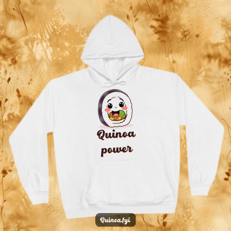 Funny Sushi Quinoa Roll Hoodie featuring a happy character with quinoa filling and a big smile, a humorous cozy gift.