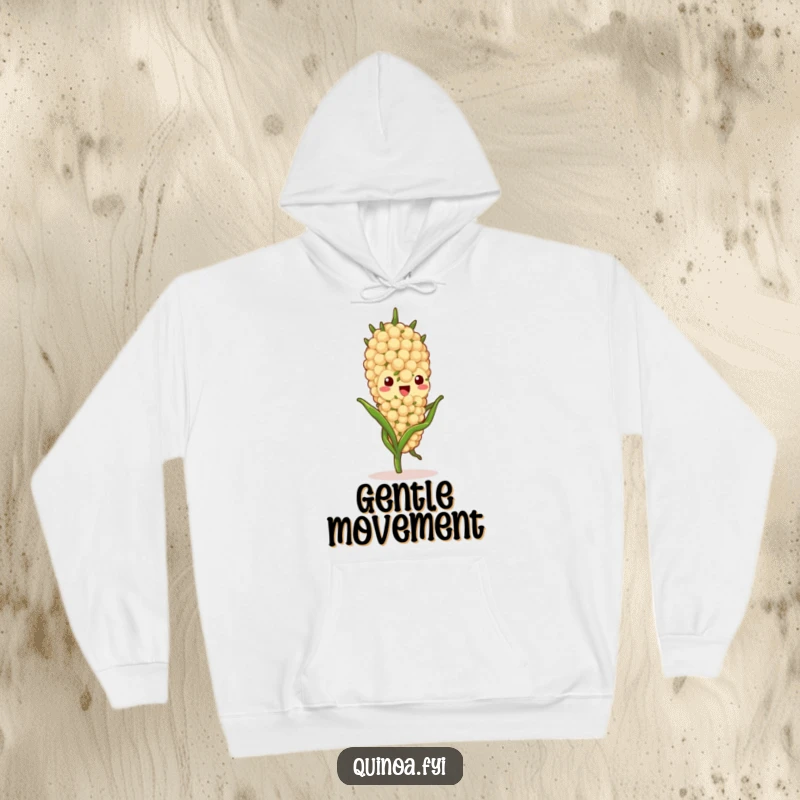 Funny quinoa stalk character hoodie, gently swaying with a delightful expression, offering warmth and a sense of peaceful comfort.